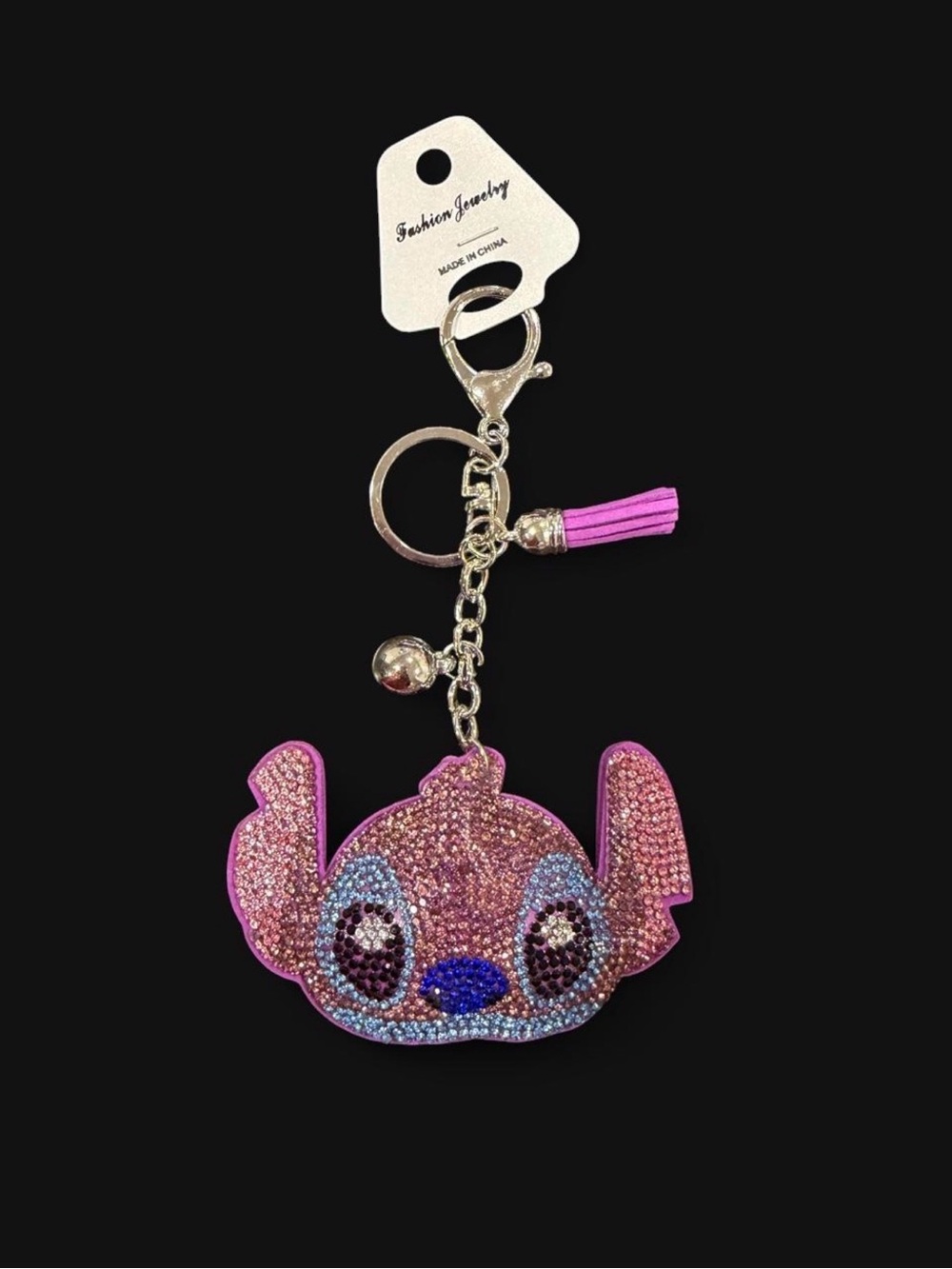 Kids Pink Rhinestone Stitch Keychain Charm with Tassel